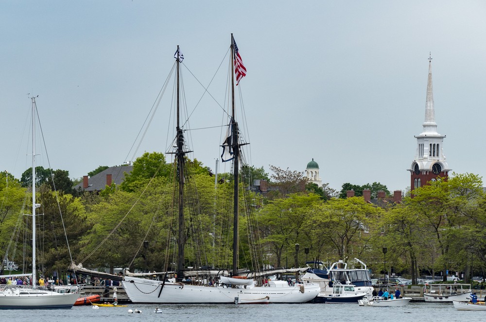 The tall ship Alabama, out of Vineyard Haven, docked at Newburyport.<br />View from Salisbury Town Wharf.<br />May 24, 2014 - Salisbury, Massachusetts.