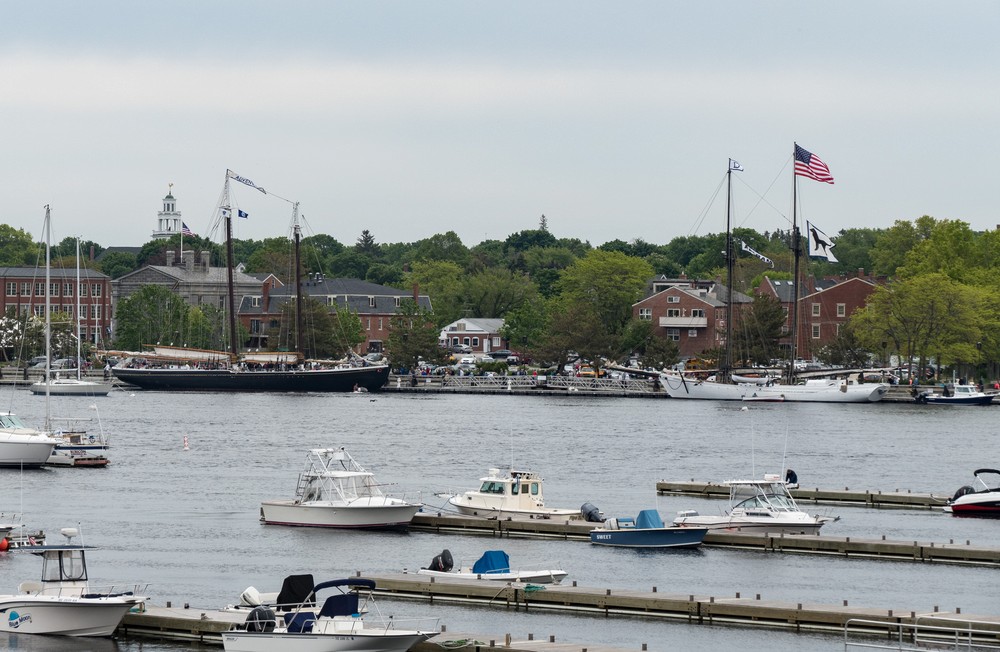 Two tall ships, the Adventure and the Alabama, docked at Newburyport.<br />View from US 1 bridge over the Merrimack River.<br />May 24, 2014 - Salisbury, Massachusetts.