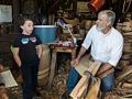 Matthew talking to Master Cooper Ron Raiselis at his Dinsmore Shop.<br />June 26, 2016 - Strawbery Banke, Portsmouth, New Hampshire.
