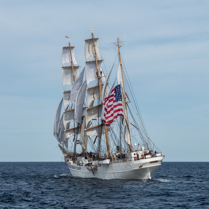 Eagle, New London, Connecticut.<br />Boston Tall Ships 2017 departure.<br />June 22, 2017 - Off Gloucester, Massachusetts.