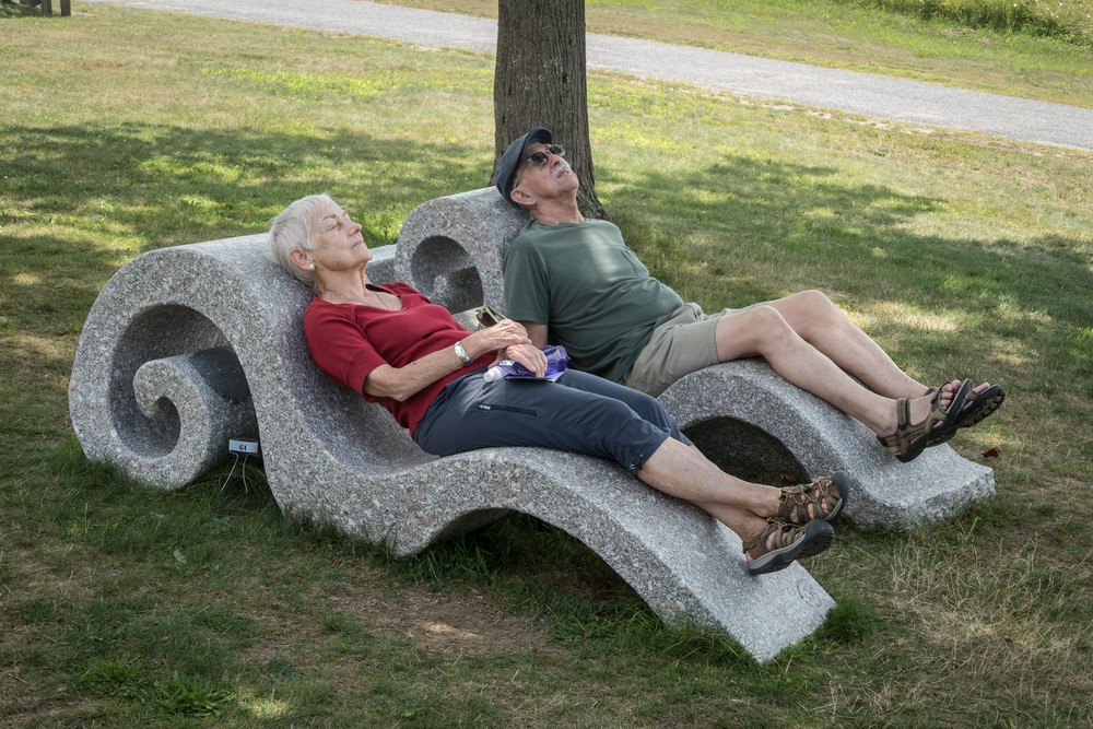 Baiba and Ronny relaxing on Chaises by Jordan Smith.<br />July 21, 2017 - Wells Reserve at Laudholm, Wells, Maine.