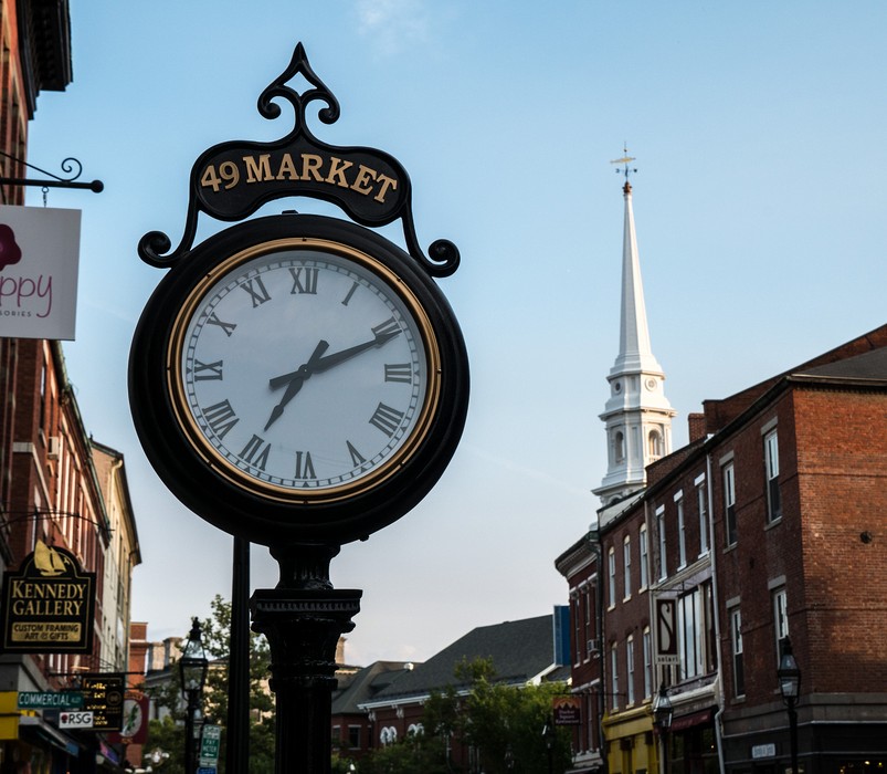 Clock on Market Street.<br />July 21, 2017 - Portsmouth, New Hampshire.