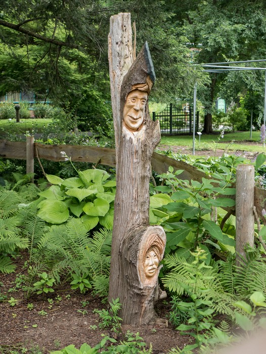 Wooden carvings in the Children's Garden.<br />July 22, 2017 - The Gardens at Elm Bank, Wellesley, Massachusetts.