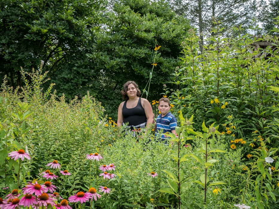Miranda and Matthew among tall flowere.<br />July 28, 2017 - The Gardens at Elm Bank, Wellesley, Massachusetts.
