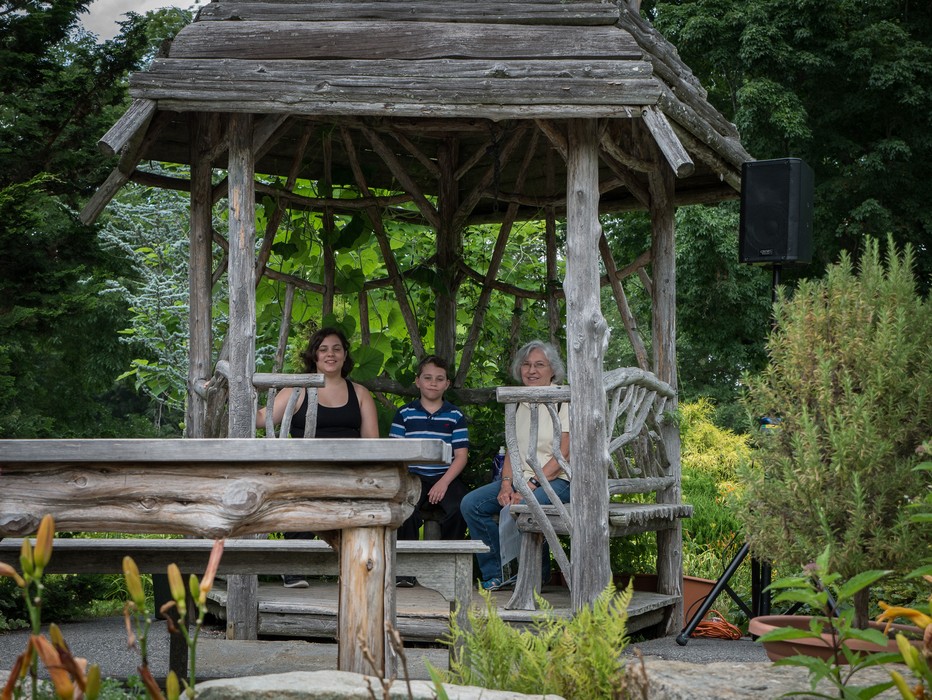Miranda, Matthew, and Joyce enjoying the shade of a gazebo.<br />July 28, 2017 - The Gardens at Elm Bank, Wellesley, Massachusetts.