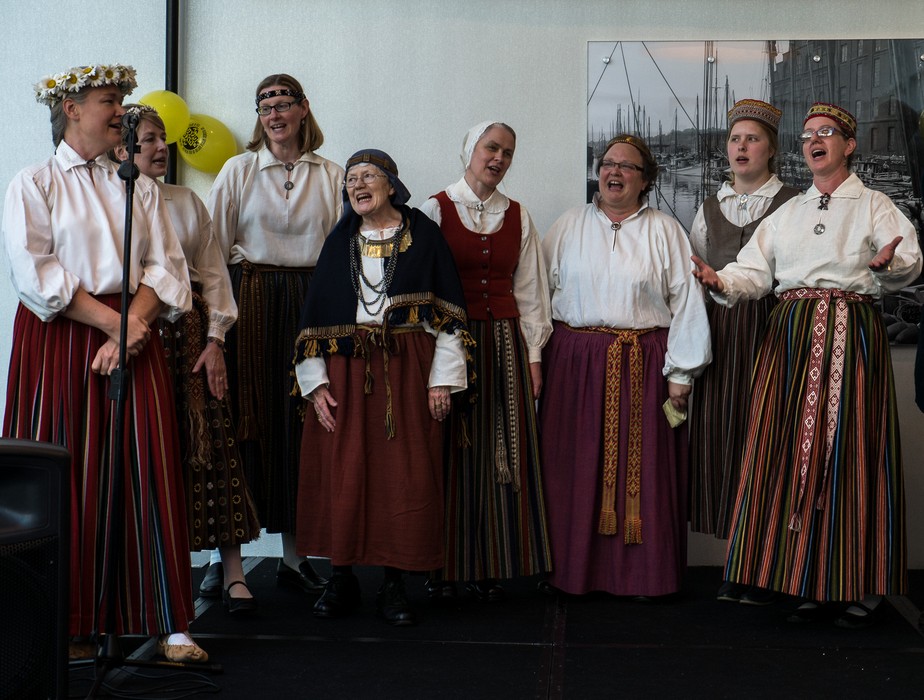 A group of women singing.<br />Latvian Song and Dance Festival.<br />June 30, 2017 - At the Renaissance Hotel in Baltimore, Maryland.