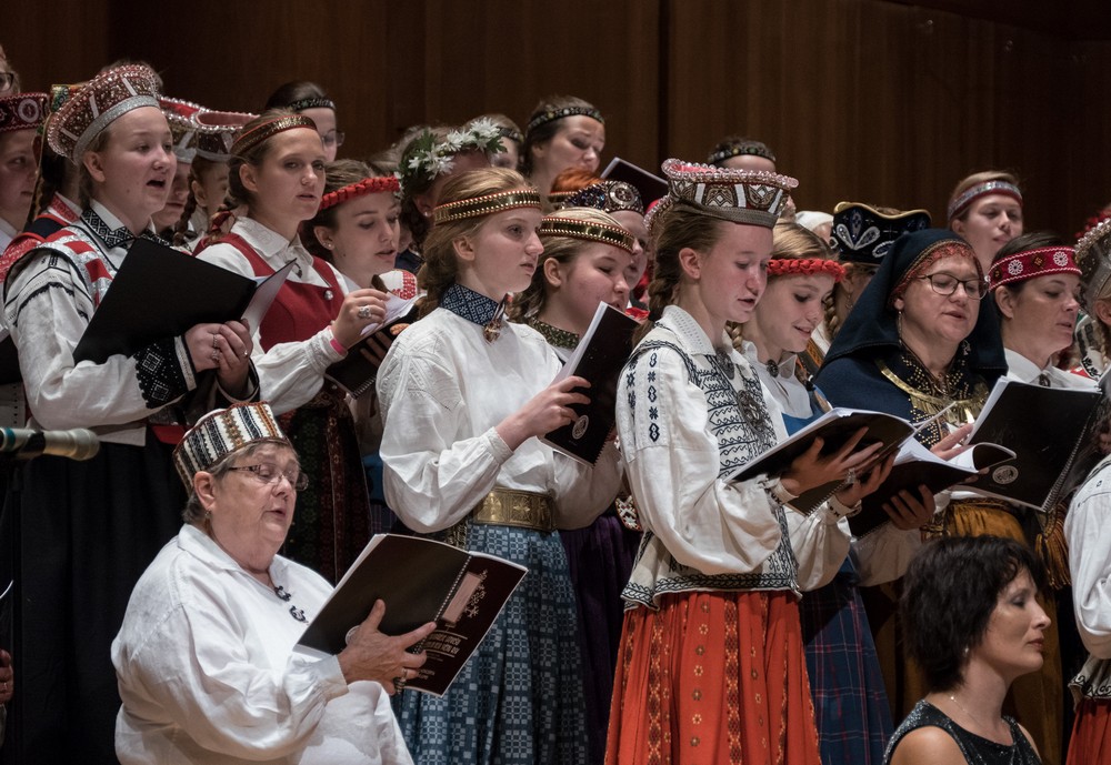 Singing Latvian songs.<br />Latvian Song and Dance Festival.<br />July 3, 2017 - Joseph Meyerhoff Symphony Hall, Baltimore, Maryland.