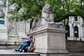 Lion and sleeping musician in front of the Library.<br />July 12, 2017 - Manhattan, New York City, New  York.