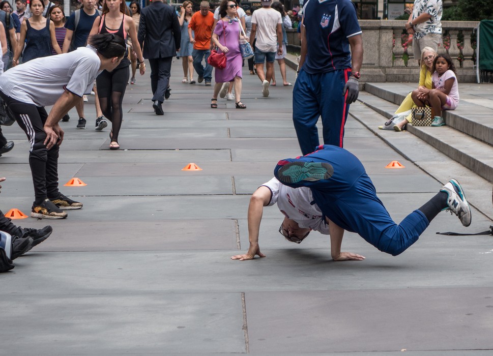 Street dancers in front of the Library.<br />July 12, 2017 - Manhattan, New York City, New  York.