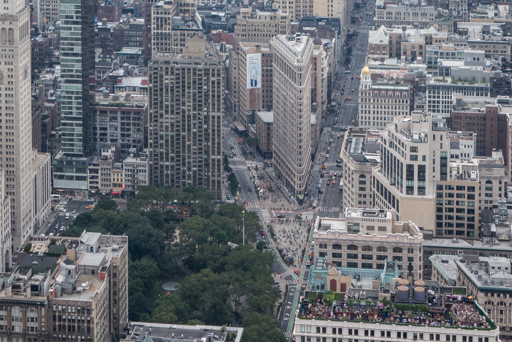 Madison Square Park and the Flatiron Building as seen from 86th floor of the Empire State Building.<br />July 12, 2017 - Manhattan, New York City, New  York.