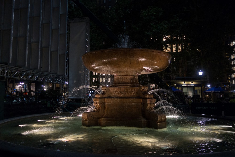 Fountain in Bryant Park.<br />July 12, 2017 - Manhattan, New York City, New  York.