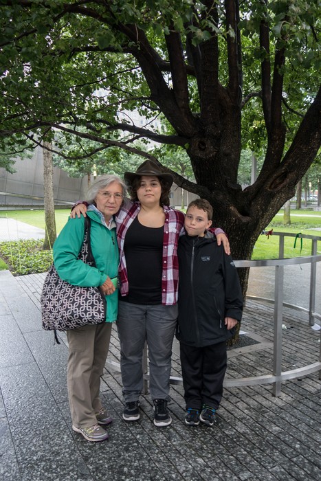 Joyce, Miranda and Matthew at the Survivor Tree.<br />September 11 Memorial Site.<br />July 13, 2017 - Manhattan, New York City, New  York.