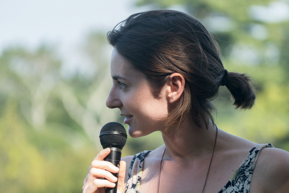 Lily Gabaree talking about her 'Rise' installation.<br />Outdoor Art Show opening and walk through.<br />Sept. 16, 2017 - Maudslay State Park, Newburyport, Massachusetts.