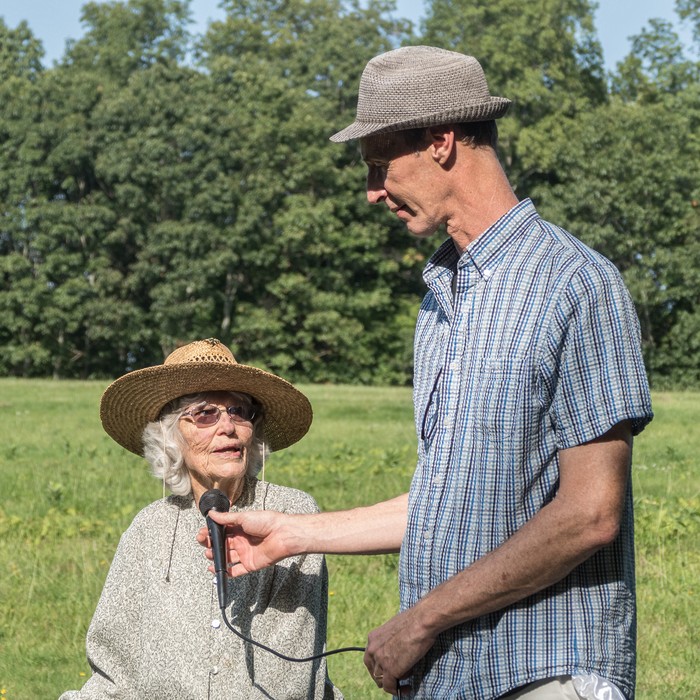 Bert interviewing Bonnie Jean Malcolm (95 yrs young) about her sculpture.<br />Outdoor Art Show opening and walk through.<br />Sept. 16, 2017 - Maudslay State Park, Newburyport, Massachusetts.