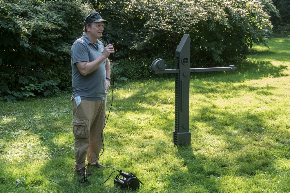 David Davies and his 'Transit Point'.<br />Outdoor Art Show opening and walk through.<br />Sept. 16, 2017 - Maudslay State Park, Newburyport, Massachusetts.