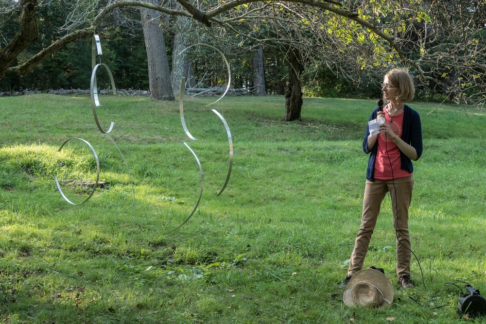 Lynne Havighurst talking about her 'Archetype In Tension'.<br />Outdoor Art Show opening and walk through.<br />Sept. 16, 2017 - Maudslay State Park, Newburyport, Massachusetts.