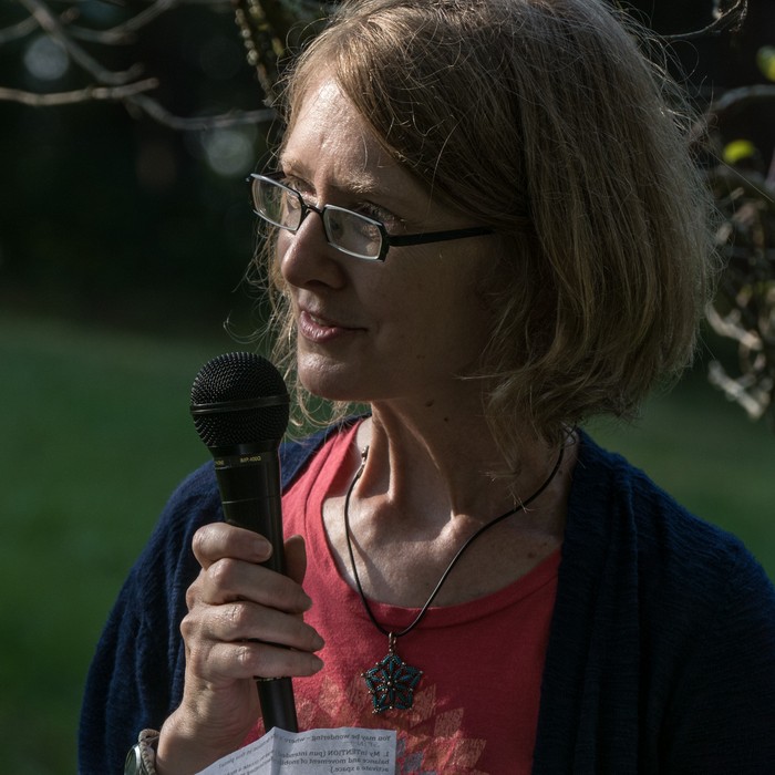 Lynne Havighurst talking about her 'Archetype In Tension'.<br />Outdoor Art Show opening and walk through.<br />Sept. 16, 2017 - Maudslay State Park, Newburyport, Massachusetts.