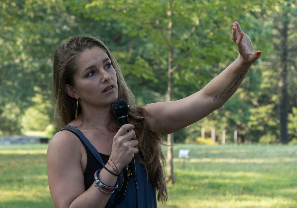 Cailla Quinn talking about her and her mother's 'Mandala'.<br />Outdoor Art Show opening and walk through.<br />Sept. 16, 2017 - Maudslay State Park, Newburyport, Massachusetts.