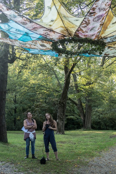 Beth Proli-Quinn & Cailla Quinn with their sculpture 'Mandala'.<br />Outdoor Art Show opening and walk through.<br />Sept. 16, 2017 - Maudslay State Park, Newburyport, Massachusetts.