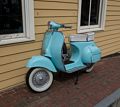 An old Vespa scooter parket at the side of the Newburyport Art Association's building.<br />Sept. 21, 2017 - Newburyport, Massachusetts.