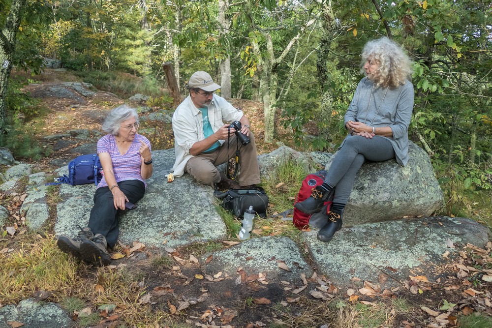 Joyce, Paul, and Dominique enjoying a break on Second Hill.<br />Hike with Paul and Dominique.<br />Oct. 8, 2017 - Mt. Agamenticus, Maine.