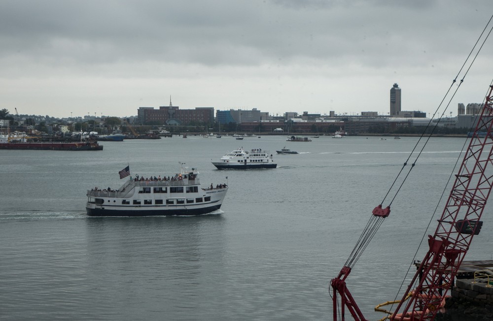 Boston harbor as seen from the museum.<br />Mark Dion exhibit with Paul and Dominique.<br />Oct. 9, 2017 - Institure of Contemporary Art, Boston, Massachusetts.