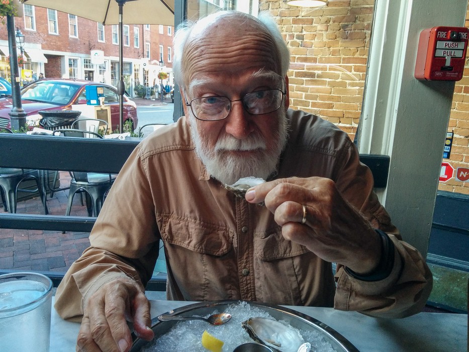 Egils enjoying some Little Harbor oysters.<br />Oct. 14, 2017 - Brine Restaurant, Newburyport, Massachusetts.