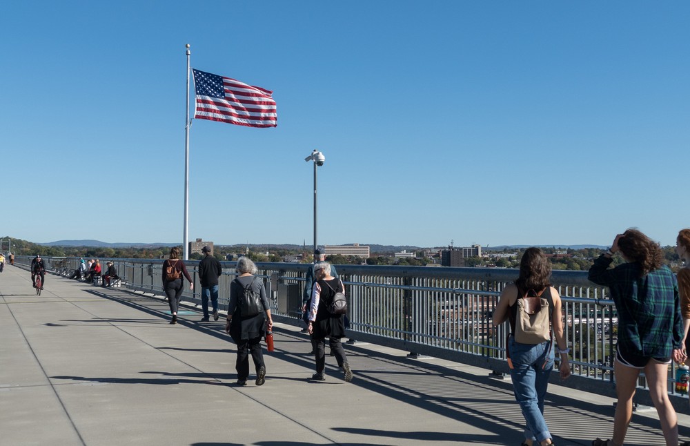 Joyce, Baiba, and Ronnie about halfway across.<br />Oct. 20, 2017 - On the Poughkeepsie-Highland pedestrian bridge, New York.