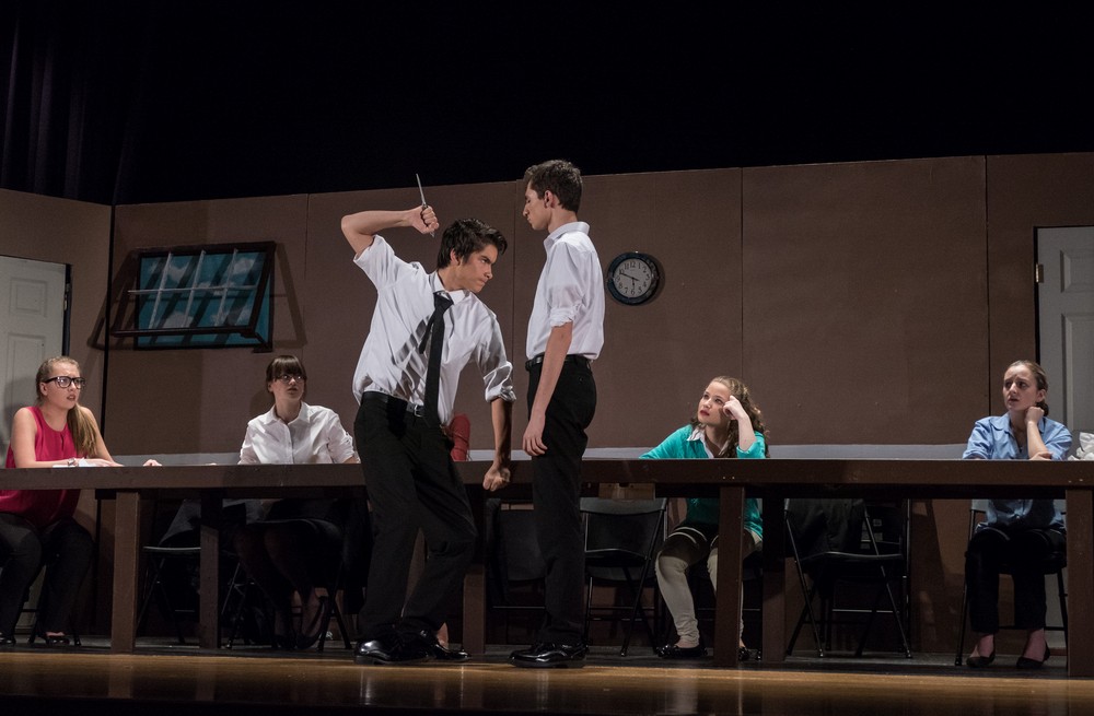 A dramatic moment in the drama.<br />Nipmuc Drama Guild's '12 Angry Jurors'.<br />Oct. 28. 2017 - Nipmuc High School, Upton, Massachusetts.