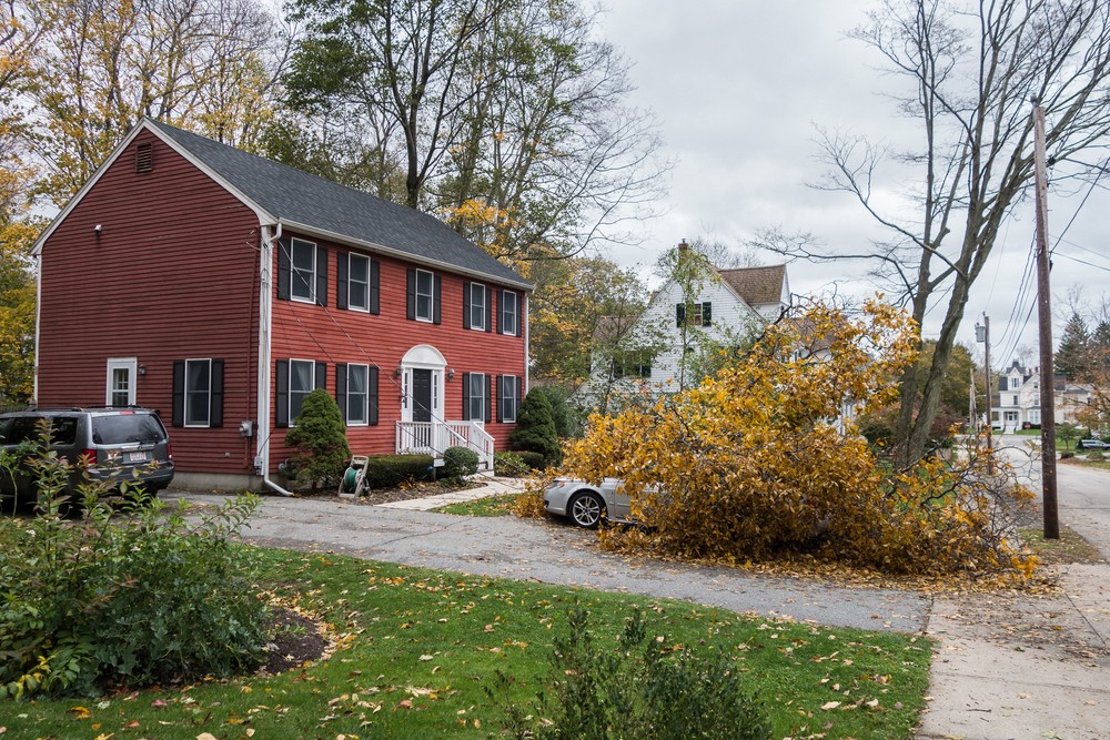 Impact of last night's storm.<br />On Woodland Street towards Rt. 110.<br />Oct. 30, 2017 - Merrimac, Massachusetts.