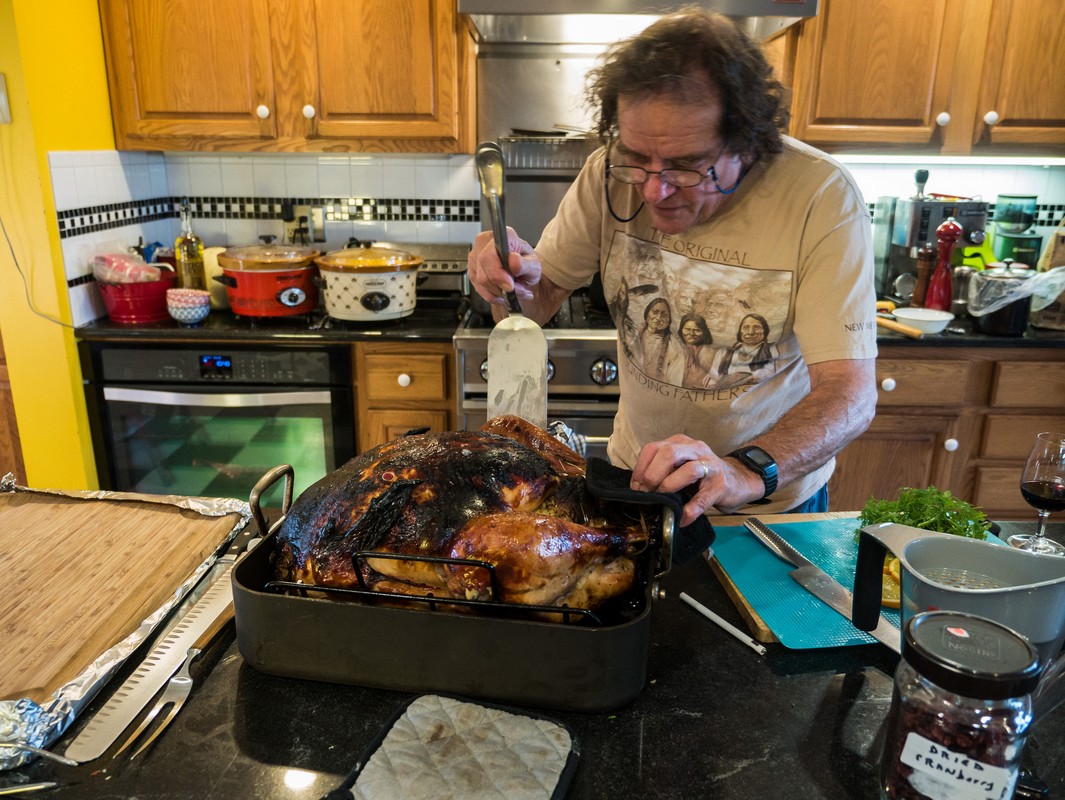 Paul tackling the 25 pound turkey.<br />Thanksgiving dinner.<br />Nov. 23, 2017 - At Paul and Norma's in Tewksbury, Massachusetts.