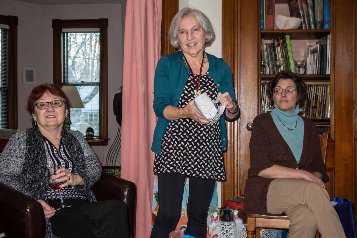 Linda, Joyce opening a present, and Holly.<br />Dec. 25, 2017 - At home in Merrimac, Massachusetts.