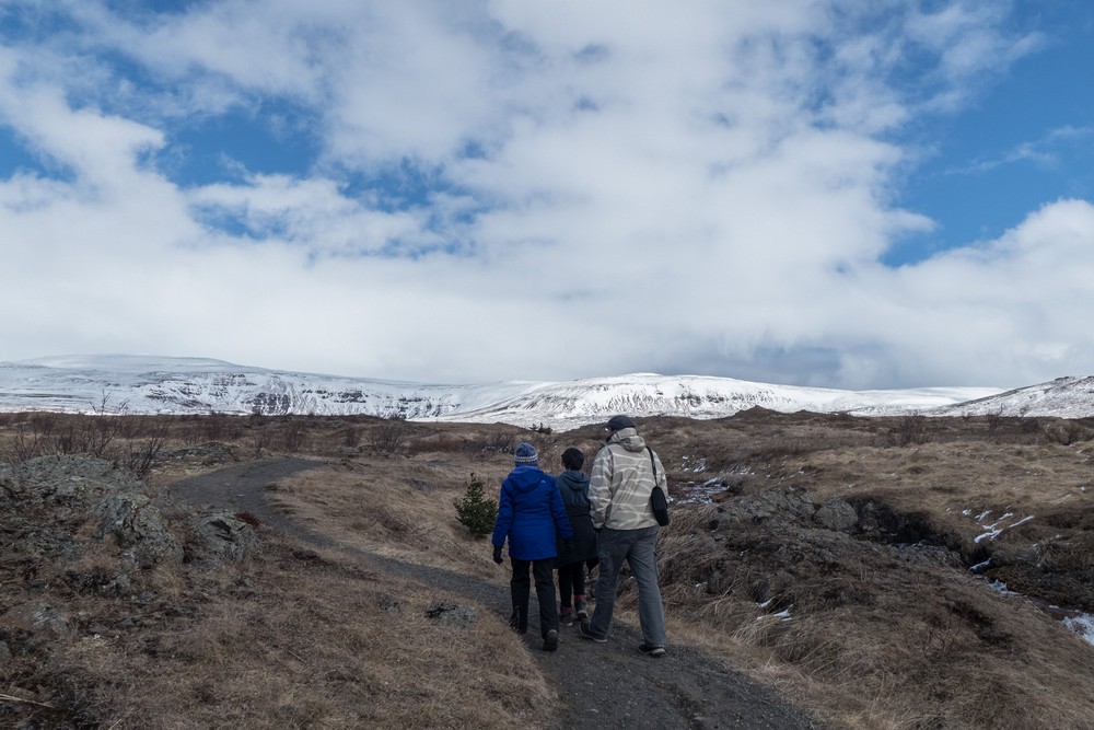 Joyce, Marks, and Eric on the trail.<br />Hike along the Syri-Hvamms.<br />April 16, 2016 - Hvammstangi, Iceland.
