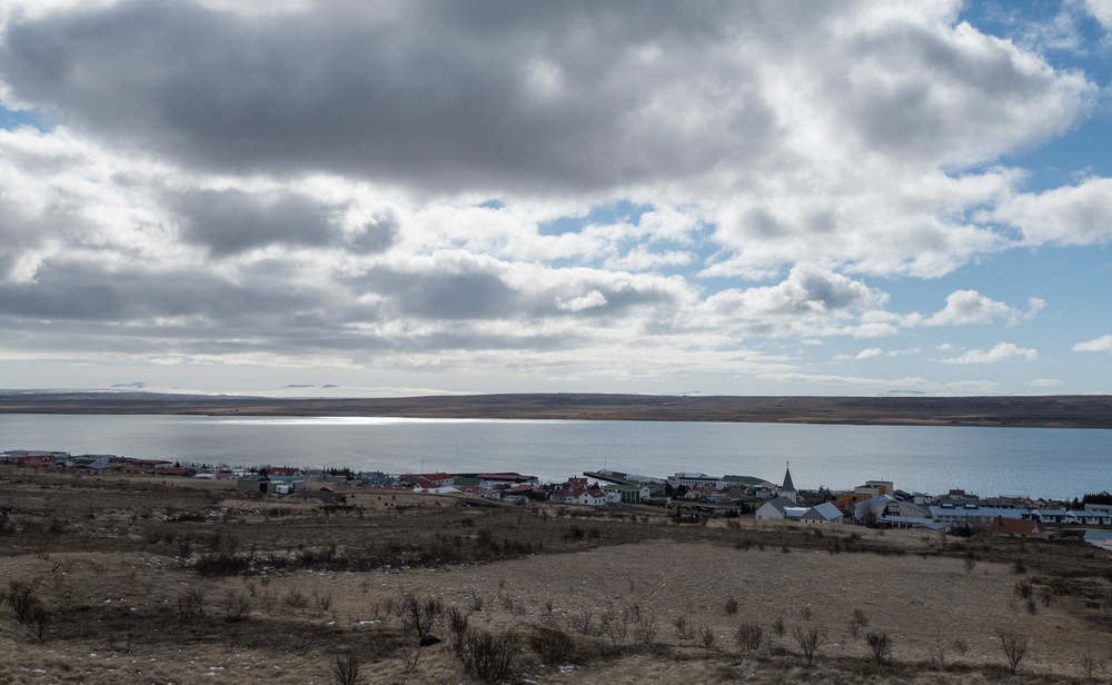 View back towards the town.<br />Hike along the Syri-Hvamms.<br />April 16, 2016 - Hvammstangi, Iceland.