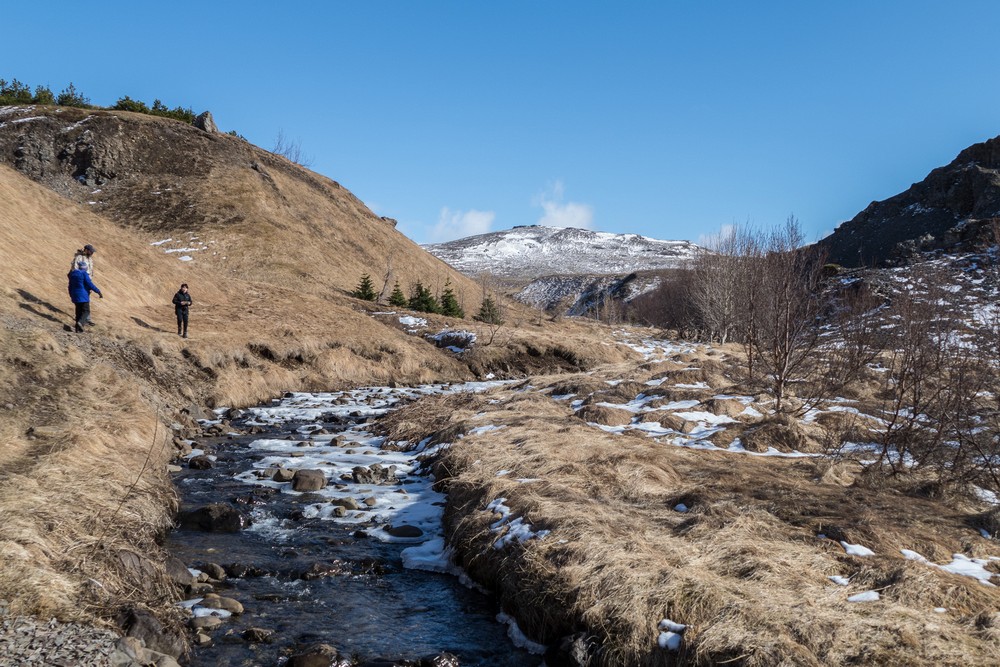 Joyce, Eric, and Marks.<br />Hike along the Syri-Hvamms.<br />April 16, 2016 - Hvammstangi, Iceland.