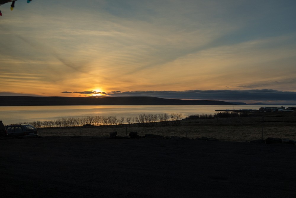 Sunset at 9 pm.<br />View out the kitchen window of our AirBnB.<br />April 16, 2016 - Hvammstangi, Iceland.