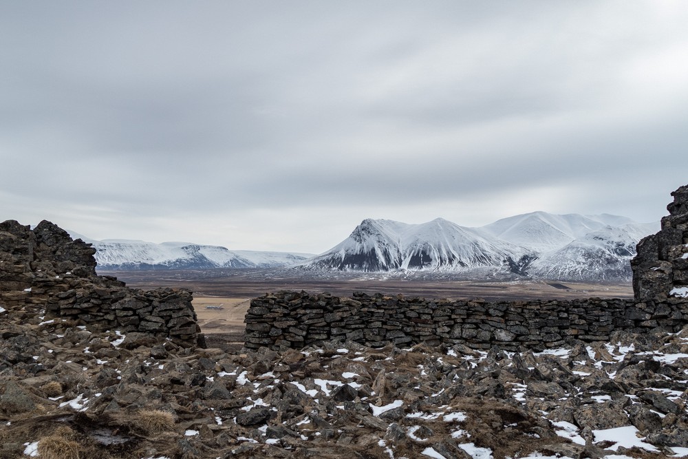 A man made stone wall.<br />April 17, 2017 - At Borgarvirki off Rte. 1, Iceland.