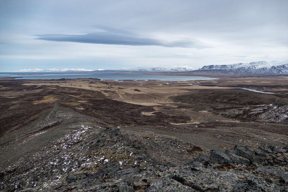 View from the top with Hp lagoon and Hnafjrur in the distance.<br />April 17, 2017 - At Borgarvirki off Rte. 1, Iceland.
