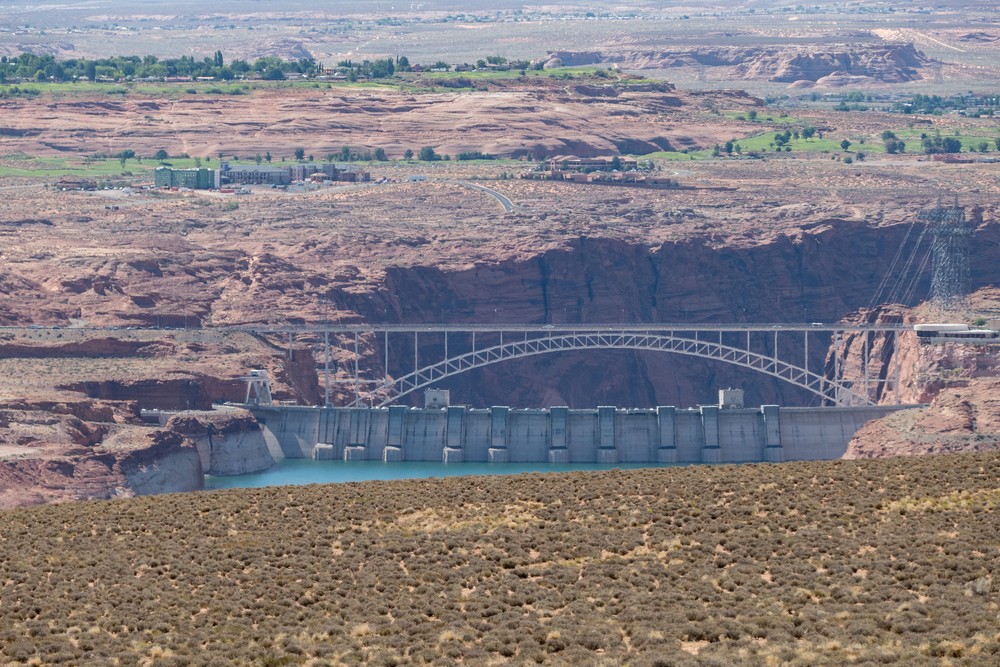 Glen Canyon Bridge and Dam.<br />Aug. 10, 2017 - Wahweap Overlook off US-89, Arizona.