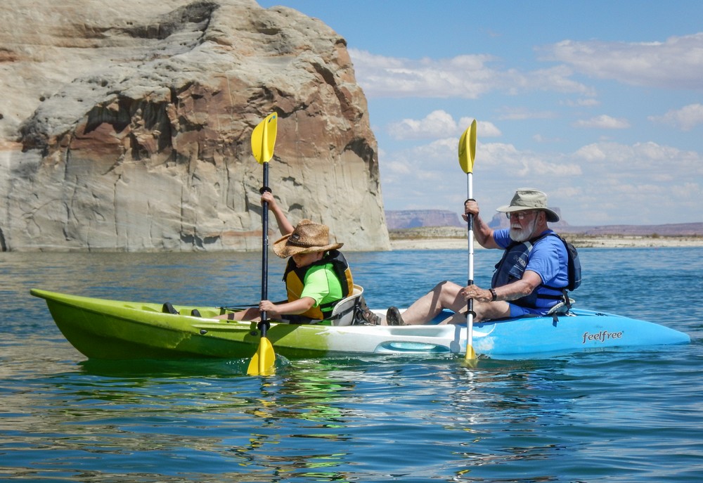 Matthew and Egils.<br />Kayaking with Lake Powell Hidden Canyon Kayak off Lone Rock Beach.<br />Aug. 10, 2017 - Lake Powell, Utah.