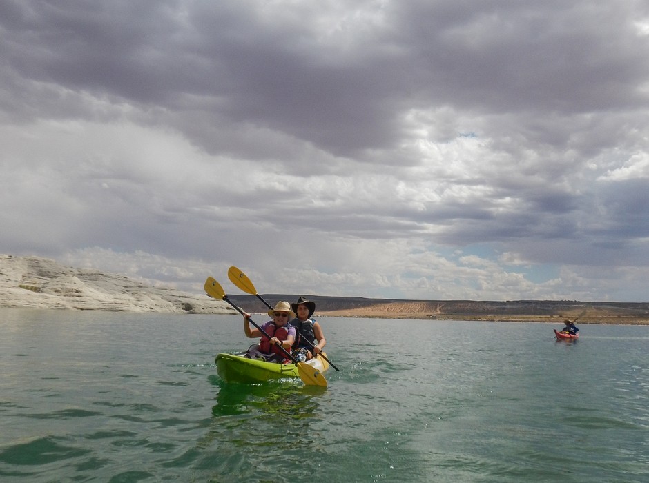 Joyce and Miranda.<br />Kayaking with Lake Powell Hidden Canyon Kayak off Lone Rock Beach.<br />Aug. 10, 2017 - Lake Powell, Utah.