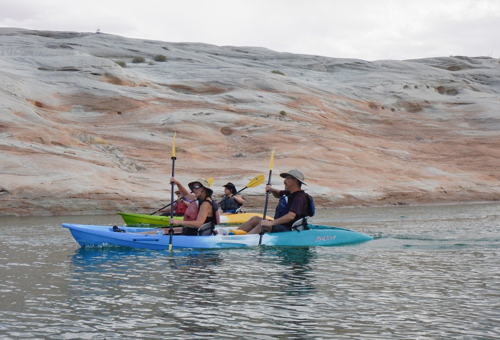 Joyce with Miranda and Holly with Carl.<br />Kayaking with Lake Powell Hidden Canyon Kayak off Lone Rock Beach.<br />Aug. 10, 2017 - Lake Powell, Utah.