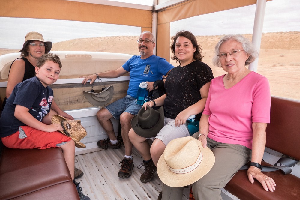 Holly, Matthew, Carl, Miranda, and Joyce<br />in truck heading for Owl, Rattlesnake, and Upper Antelope slot canyons.<br />Aug. 11, 2017 - Near Pake, Arizona.