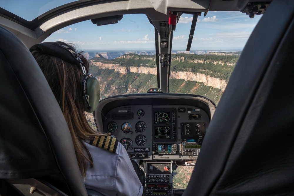 Our pilot and helicopter's intrument panel.<br />Helicopter tour of the Grand Canyon.<br />Aug. 12, 2017 - Grand Canyon National Park, Arizona.