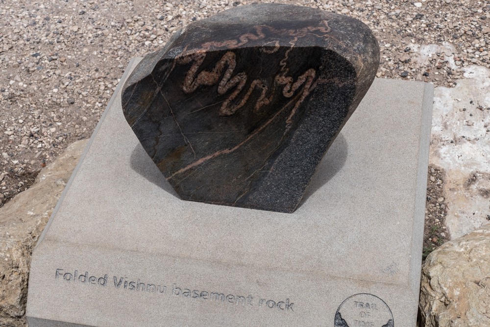 Folded Wishnu basement rock.<br />Trail of Time along the Rim Trail.<br />Aug. 12, 2017 - Grand Canyon National Park, Arizona.
