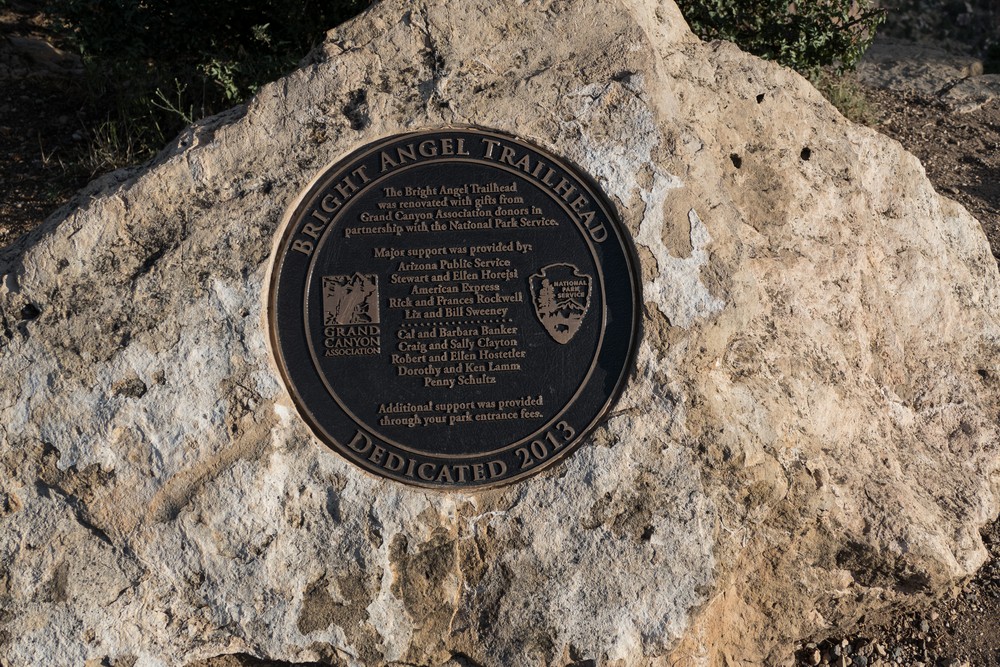 Bright Angel Trailhead marker.<br />Aug. 13, 2017 - Grand Canyon National Park, Arizona.