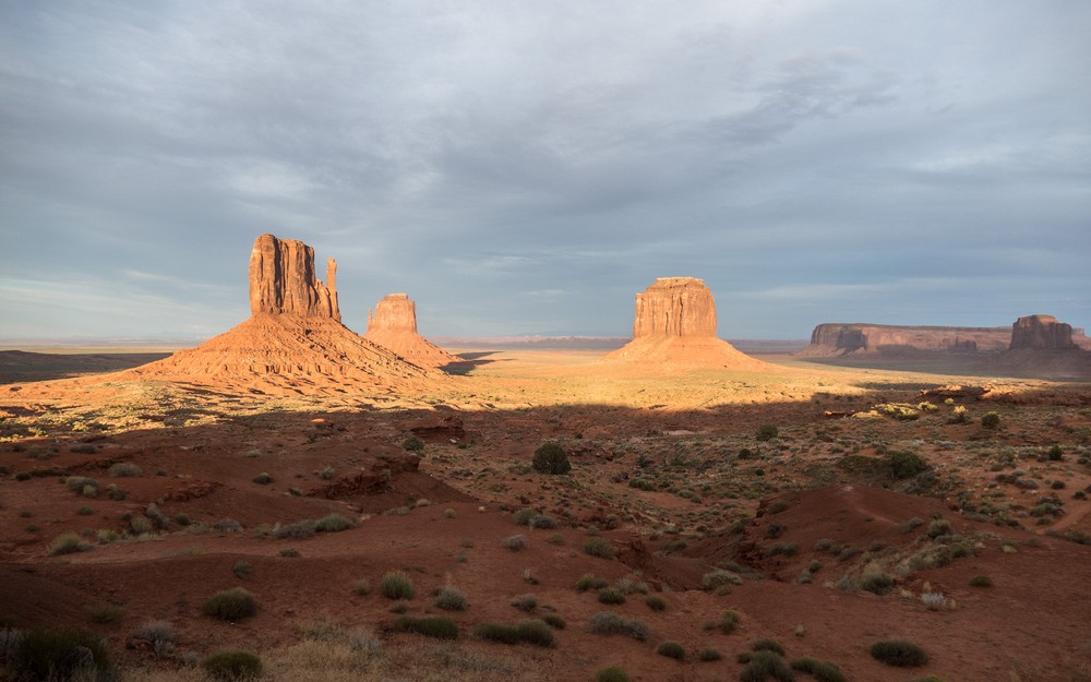 View from our cabin.<br />The Mittens and Merricks Butte.<br />Aug. 13, 2017 - Monument Valley Navajo Tribal Park, Arizona.