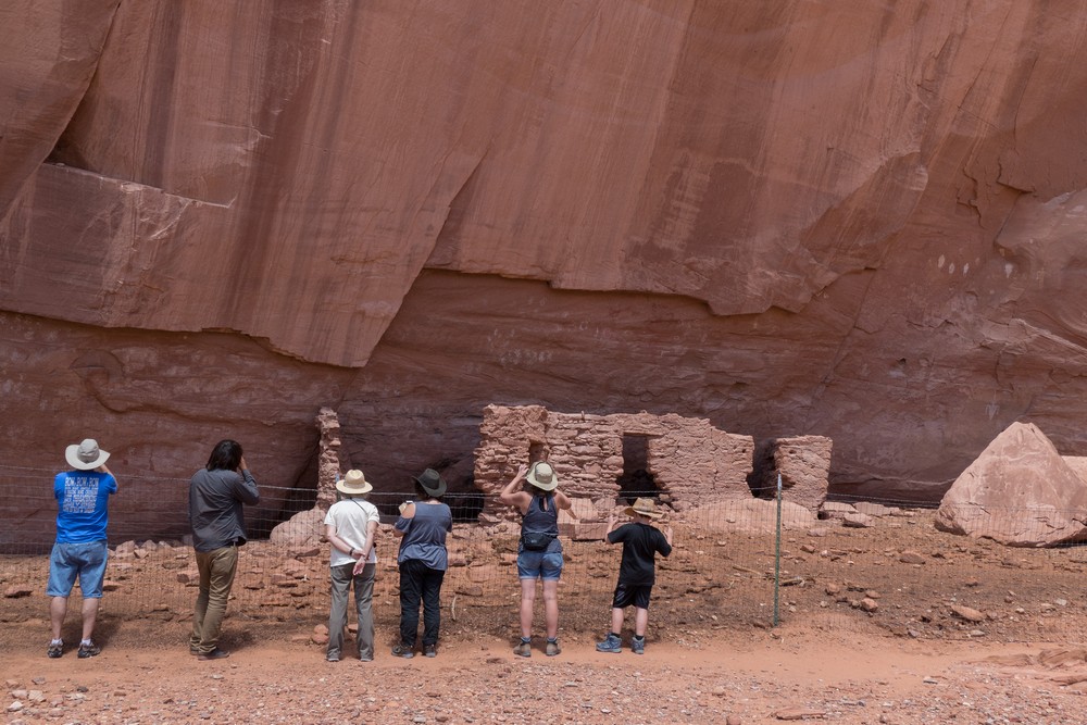 Carl, Sean, Joyce, Mirada, Holly, and Matthew at a cliff dwelling.<br />On tour with Navajo Spirit Tours.<br />Aug. 14, 2017 - Monument Valley Navajo Tribal Park, Arizona.