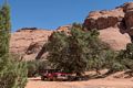 Our tour truck in the shade of an evergreen.<br />On tour with Navajo Spirit Tours.<br />Aug. 14, 2017 - Monument Valley Navajo Tribal Park, Arizona.