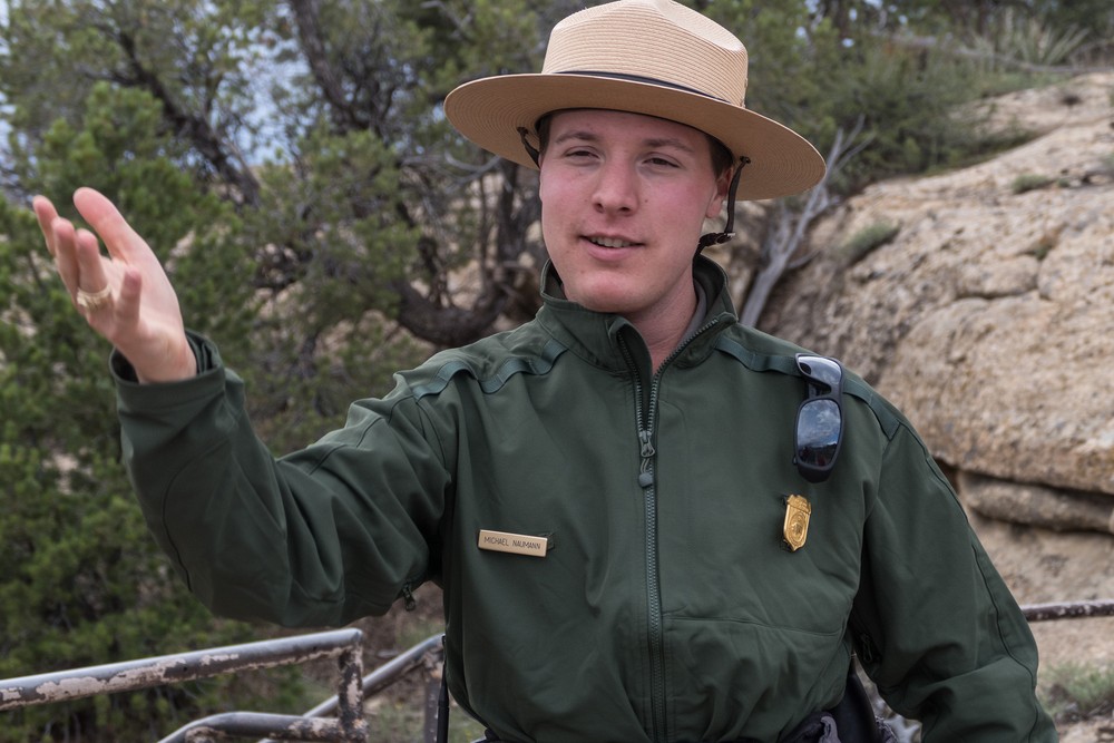 Michael Naumann, our ranger guide for the evening tour.<br />Cliff Palace overlook.<br />Aug. 15, 2017 - Mesa Verde National Park, Colorado.